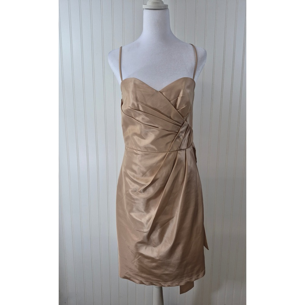 Alfred Angelo Champagne Satin Draped Spaghetti Strap Mini Dress